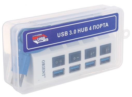 Концентратор USB3.0 HUB 4 порта Orient BC-307 выключатели на каждый порт, цвет белый
