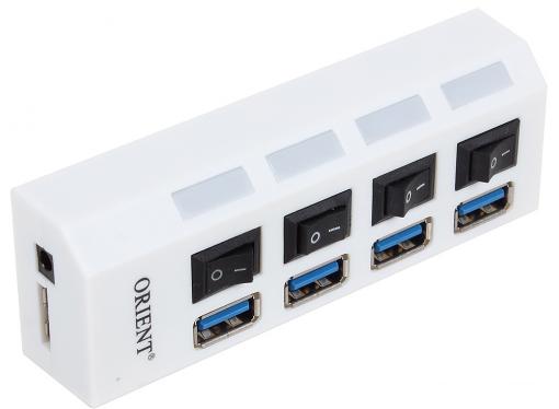 Концентратор USB3.0 HUB 4 порта Orient BC-307 выключатели на каждый порт, цвет белый