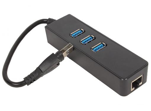 Концентратор USB 3.0 ORIENT JK-340, USB 3.0 HUB 3 Ports + Gigabit Ethernet Adapter, RJ45 10/100/1000 Мбит/с, черный