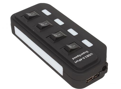 Концентратор USB 3.0 ORIENT BC-306PS, USB 3.0 HUB 4 Ports, c БП-зарядником 2xUSB (5В, 2.1А), выключатели на каждый порт, черный