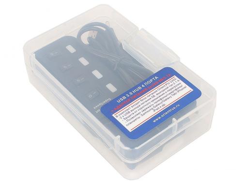 Концентратор USB 3.0 ORIENT BC-306PS, USB 3.0 HUB 4 Ports, c БП-зарядником 2xUSB (5В, 2.1А), выключатели на каждый порт, черный
