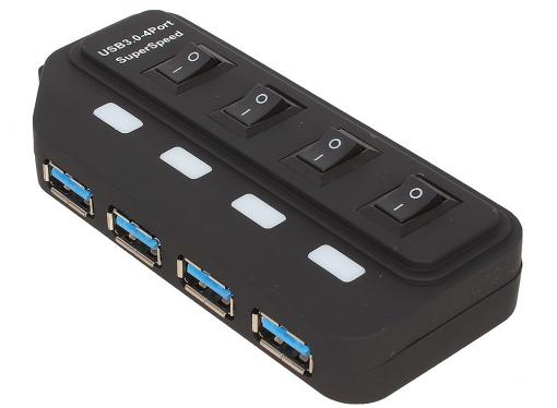 Концентратор USB 3.0 ORIENT BC-306PS, USB 3.0 HUB 4 Ports, c БП-зарядником 2xUSB (5В, 2.1А), выключатели на каждый порт, черный
