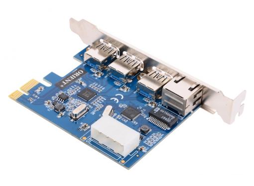 Контроллер ORIENT VA-3U3A88PE, PCI-E USB 3.0 3ext port + Gigabit Ethernet port (RJ45), VIA VL805 + ASIX AX88179 chipset, разъем доп.питания, oem