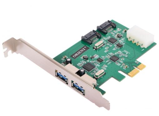 Контроллер ORIENT VA-3U2SA2PE, PCI-E USB 3.0 2ext port + SATA 3.0 6 Gb/s, 2int port, поддержка HDD до 6TB, VIA VL805 + ASM1061 chipset, разъем доп.пит
