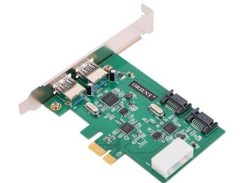 Контроллер ORIENT VA-3U2SA2PE, PCI-E USB 3.0 2ext port + SATA 3.0 6 Gb/s, 2int port, поддержка HDD до 6TB, VIA VL805 + ASM1061 chipset, разъем доп.пит