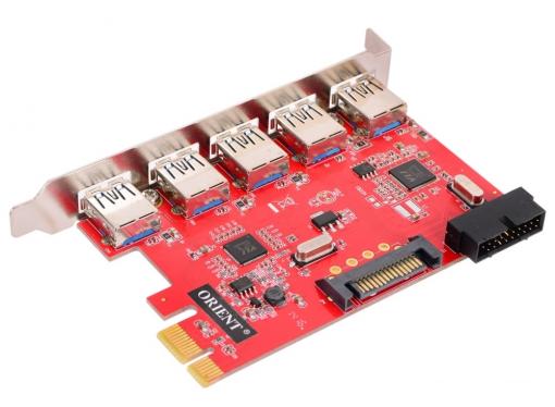 Контроллер ORIENT VA-3U5219PE, PCI-E USB 3.0 5ext/2int (19-pin) port, VIA VL805+VL813 chipset, разъем доп.питания, oem