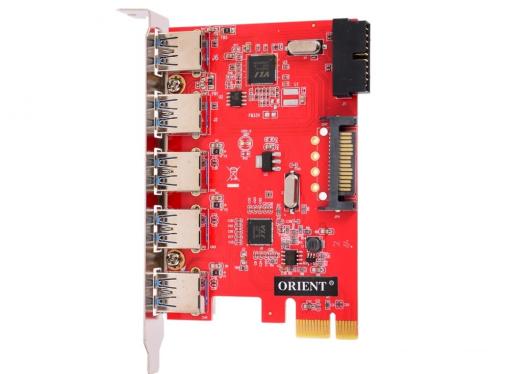 Контроллер ORIENT VA-3U5219PE, PCI-E USB 3.0 5ext/2int (19-pin) port, VIA VL805+VL813 chipset, разъем доп.питания, oem