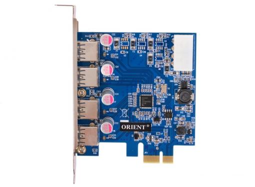 Контроллер ORIENT NC-3U4PE, PCI-E USB 3.0 4ext port, NEC D720201 chipset, разъем доп.питания, oem