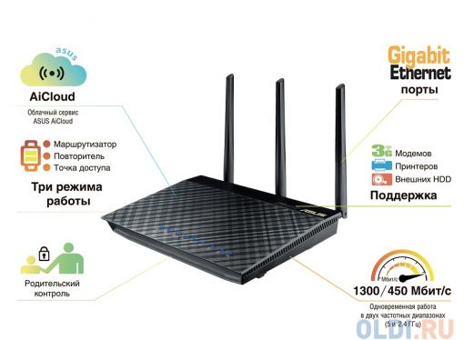 Маршрутизатор ASUS RT-AC66U 802.11ac Двухдиапазонный 2.4/5 ГГц (до 1750Мбит/с) Гигабитный WiFi роутер