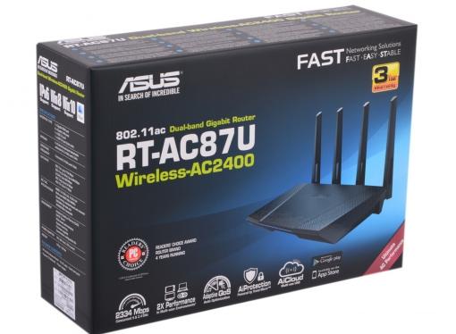 Маршрутизатор ASUS RT-AC87U Двухдиапазонный маршрутизатор стандарта Wi-Fi 802.11ac (до 2334 Мбит / с) с портами Gigabit Ethernet
