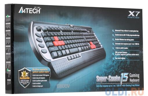 Клавиатура A4Tech X7-G800V, USB, память-96Кб, влагозащищенная, 15 программируемых клавиш, 7 мультимедиа клавиш, частота опроса-1000Гц