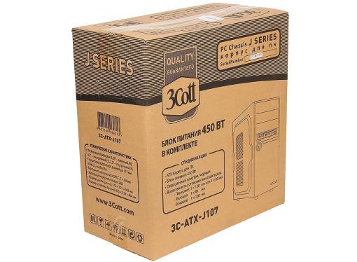 Корпус 3Cott 3C-ATX-J107, Black, ATX, блок питания 450 Вт, выходы USB 2.0x2,  Audio+Mic, материал шасси класса A, SPCC толщиной 0.5mm