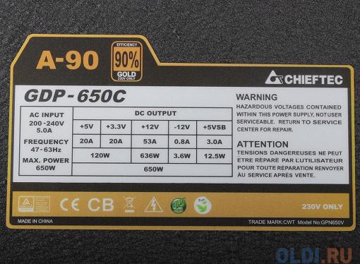 Блок питания  Chieftec 650W Retail GDP-650C v.2.3/EPS, КДП ) 90%,  14см вентилятор, модульный