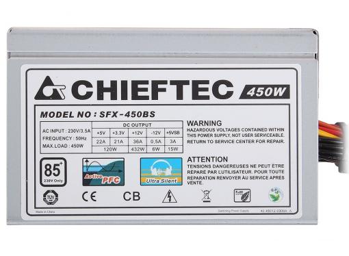 Блок питания  Chieftec 450W OEM SFX-450BS [Smart] SFX v2.3, A.PFC, КПД)85%, 4x SATA, 2x MOLEX, 1x PCI-E (6-Pin), Fan 8 cm.