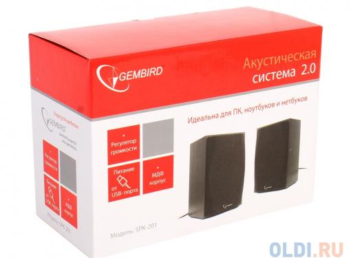 Колонки Gembird SPK-201, черный МДФ,2х2,5 Вт, регулятор громкости, USB