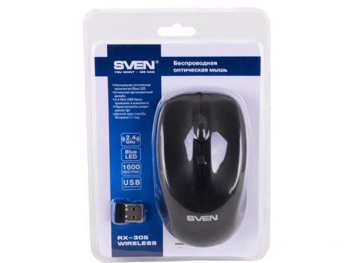 Беспроводная мышь SVEN RX-305 Wireless черная, BlueLED, 3+1(колесо прокрутки), 800/1200/1600 dpi, симметричная